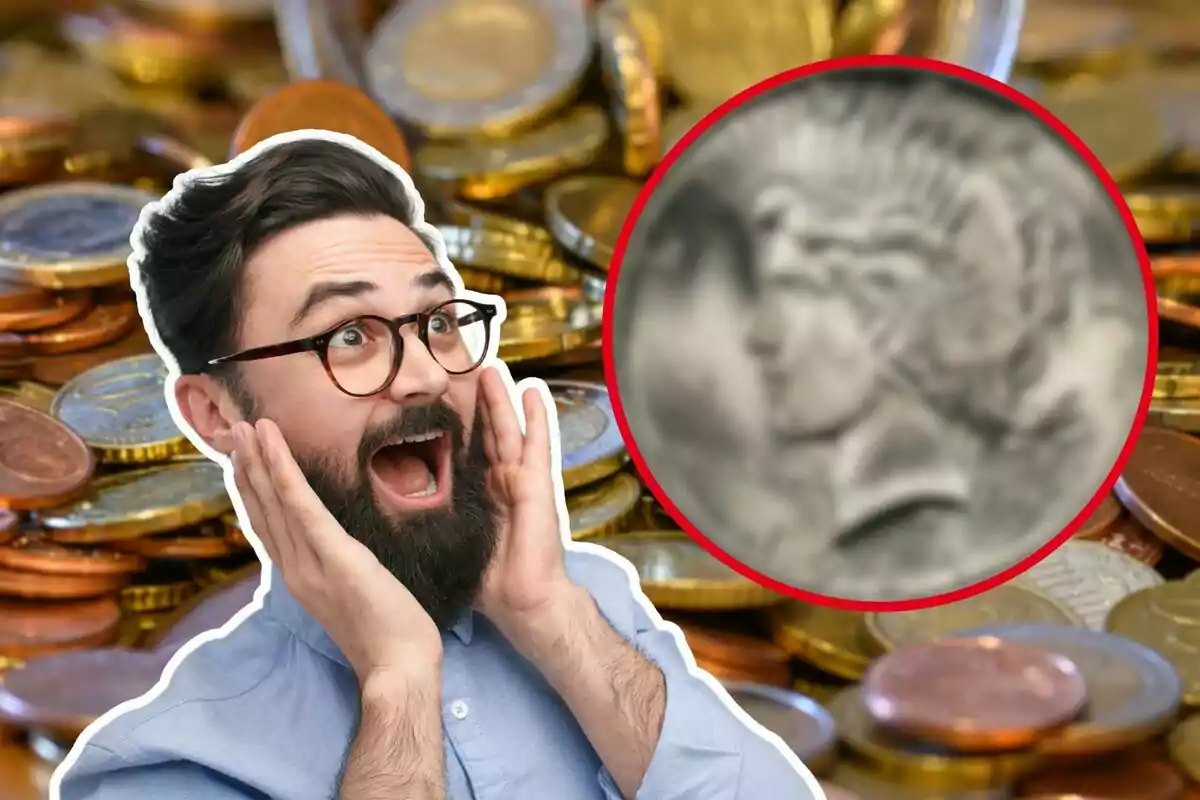 A man with a surprised expression is in front of a background of coins, with a circle highlighting an ancient coin.