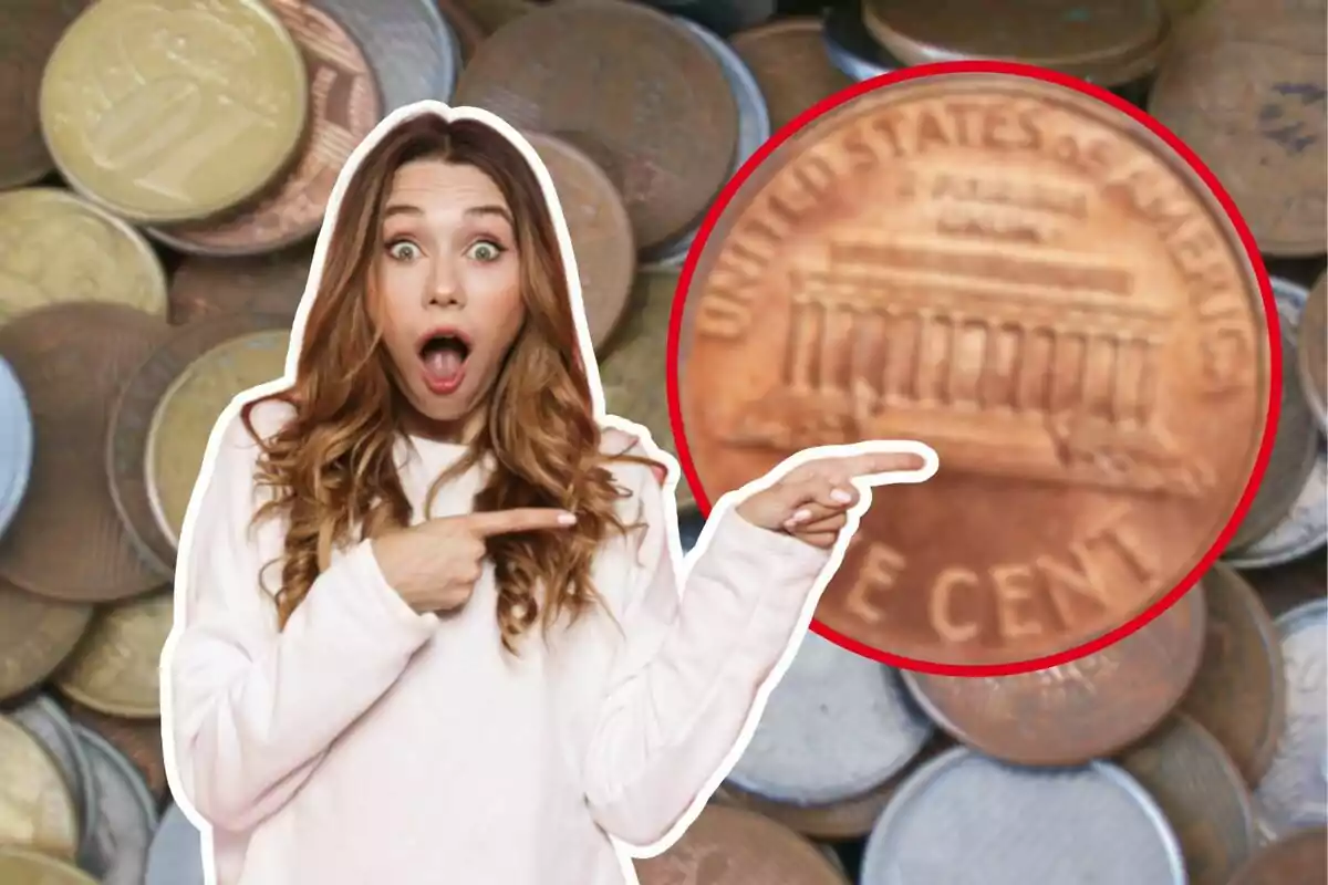 Una mujer sorprendida señala una moneda de un centavo de Estados Unidos sobre un fondo de monedas variadas.