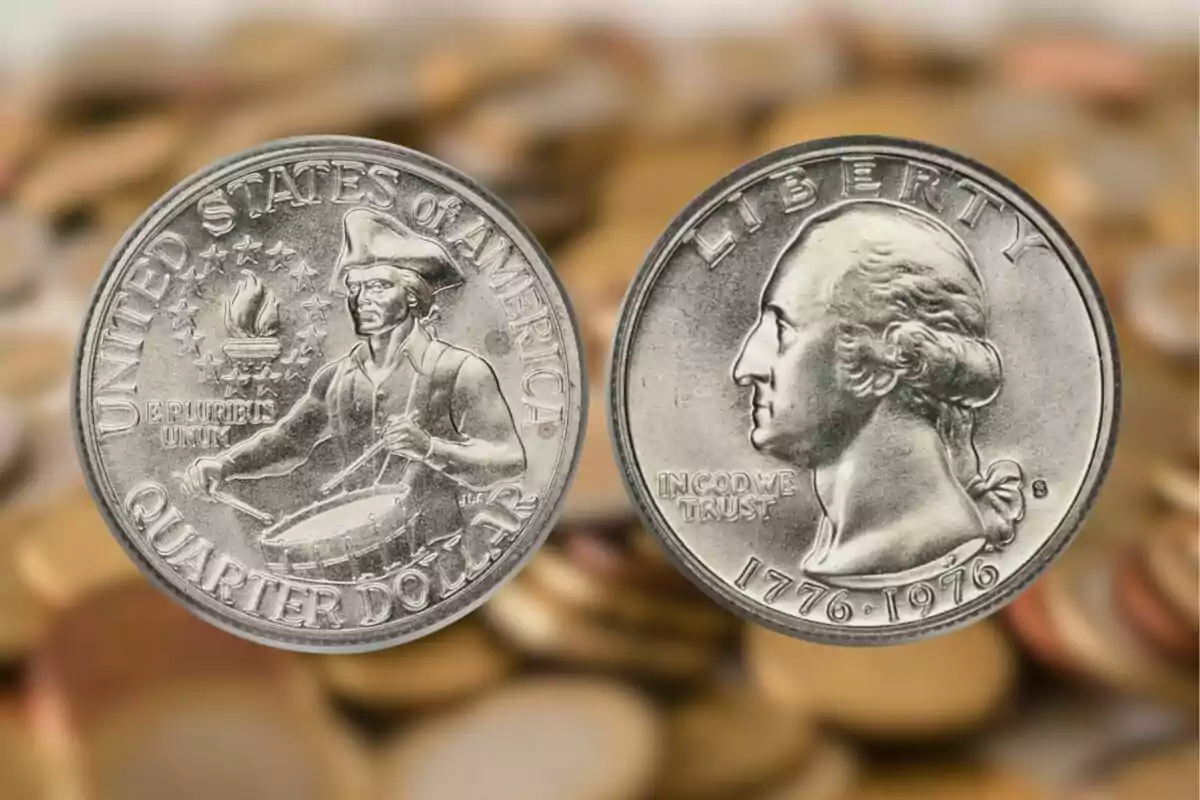 United States commemorative coins from 1776-1976 featuring a drummer and the profile of a man against a background of blurred coins. United States commemorative coins from 1776-1976 featuring a drummer and the profile of a man against a background of blurred coins.