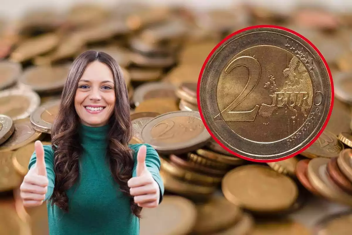 Muntatge de diverses monedes, una de 2 euros i una dona feliç