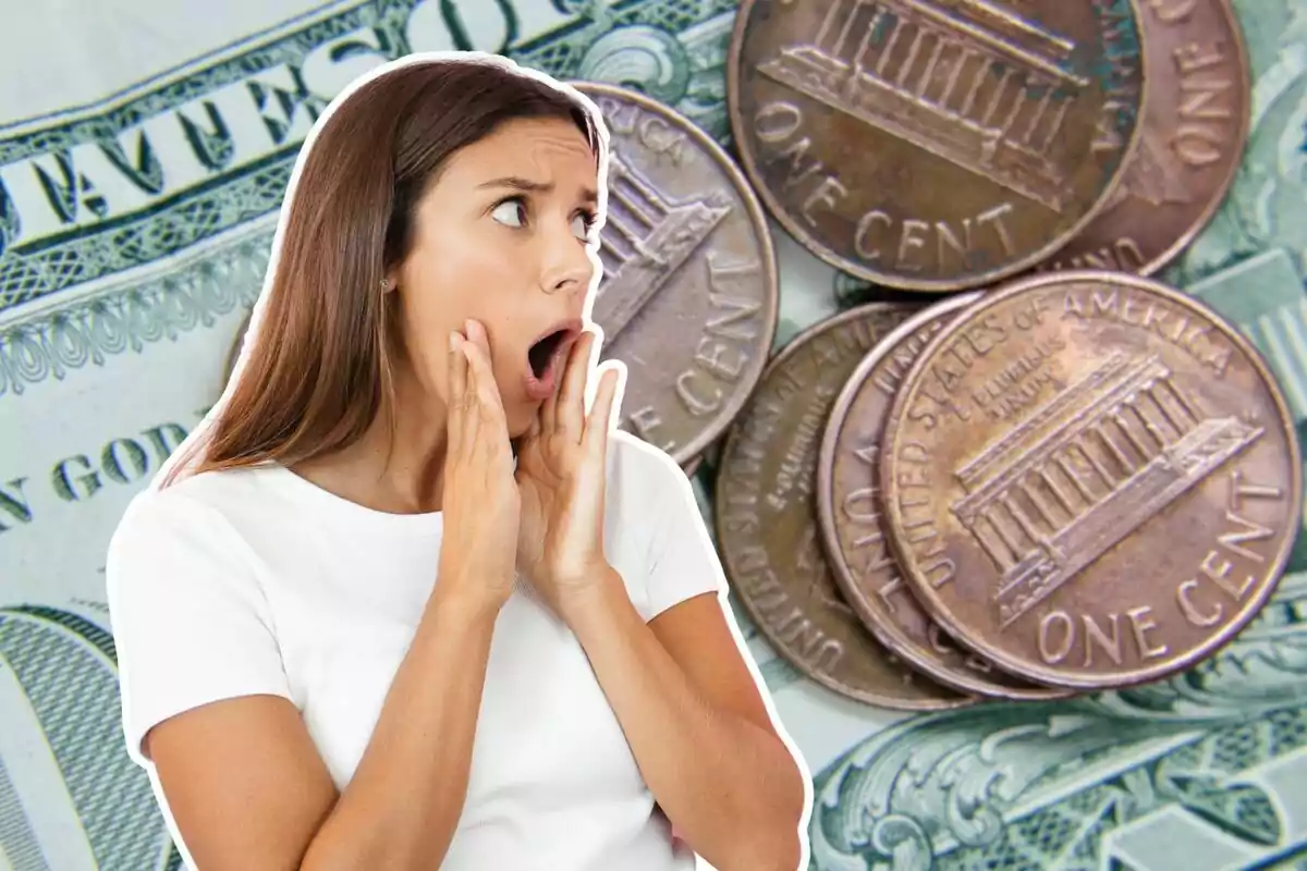 A woman with a surprised expression in front of pennies and a dollar bill.