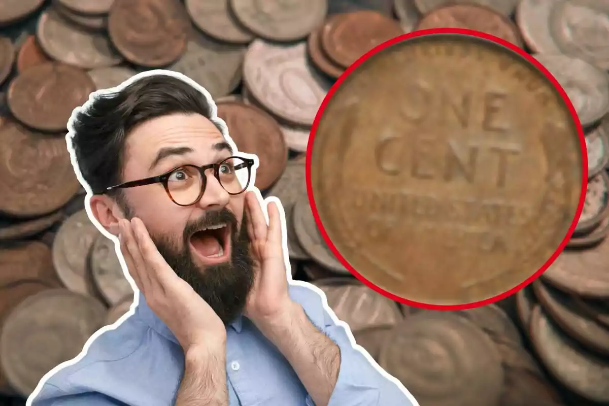 A man with a beard and glasses looks surprised as he observes a penny against a background of coins.