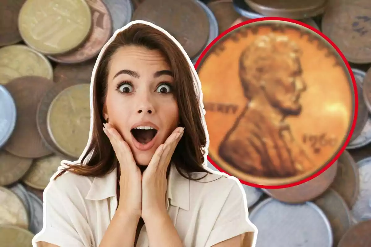 Una mujer con expresión de sorpresa aparece sobre un fondo de monedas, destacándose un centavo estadounidense de 1966.