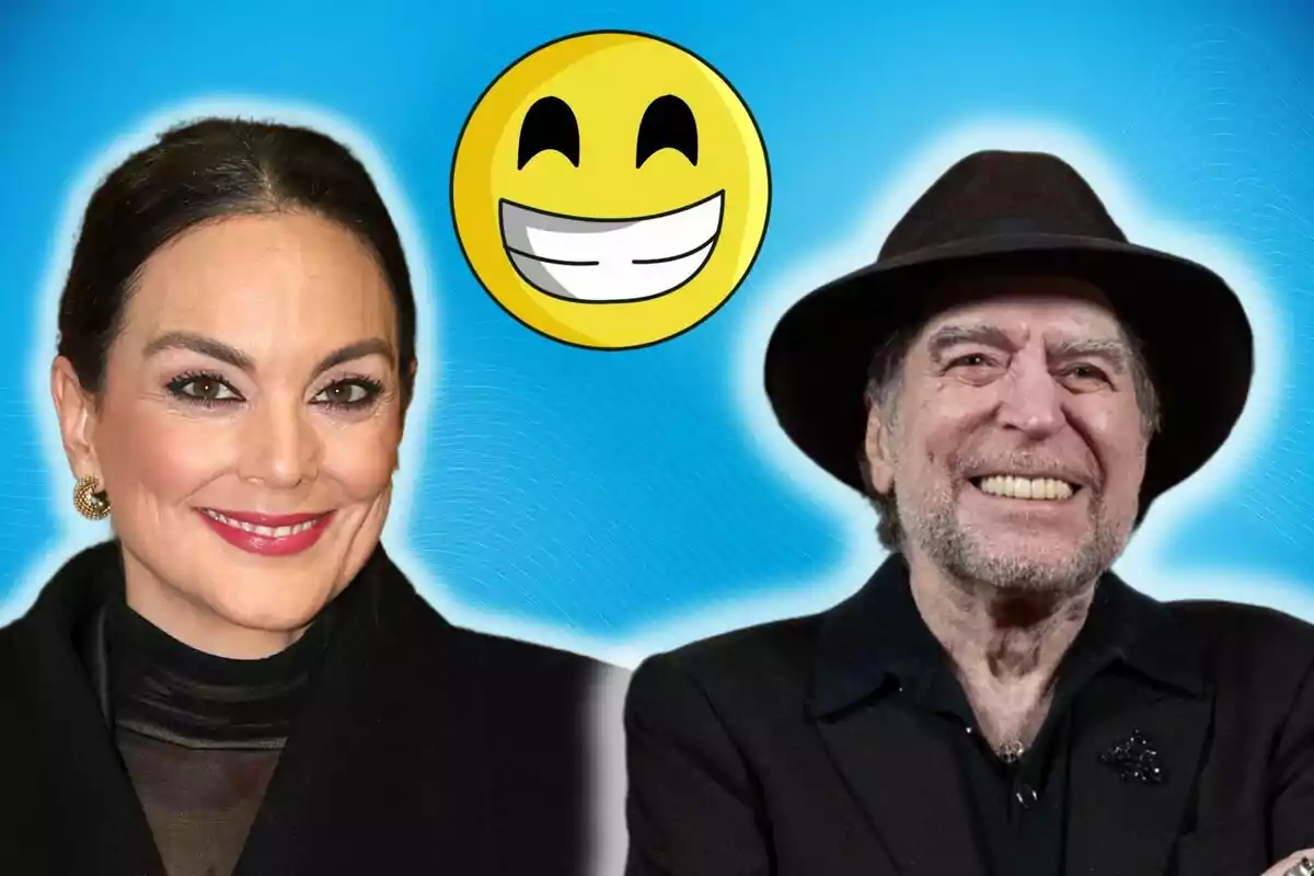 Mónica Carrillo i Joaquín Sabina somrients amb un emoji de cara feliç sobre un fons blau.