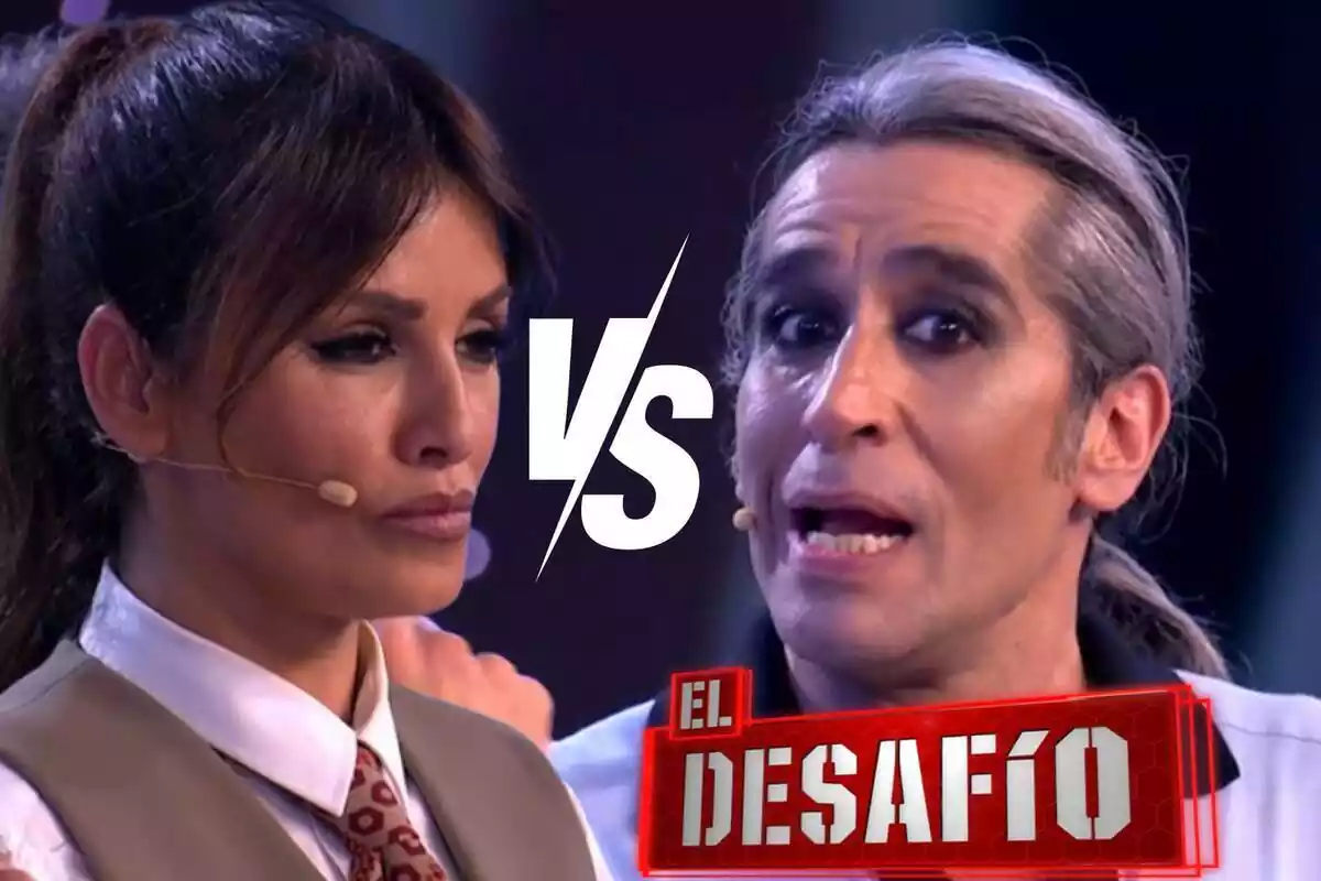 Muntatge de Mónica Cruz seria amb una armilla i corbata marrons, Mario Vaquerizo parlant amb una cua, el logo d''El Desafío' i un VS