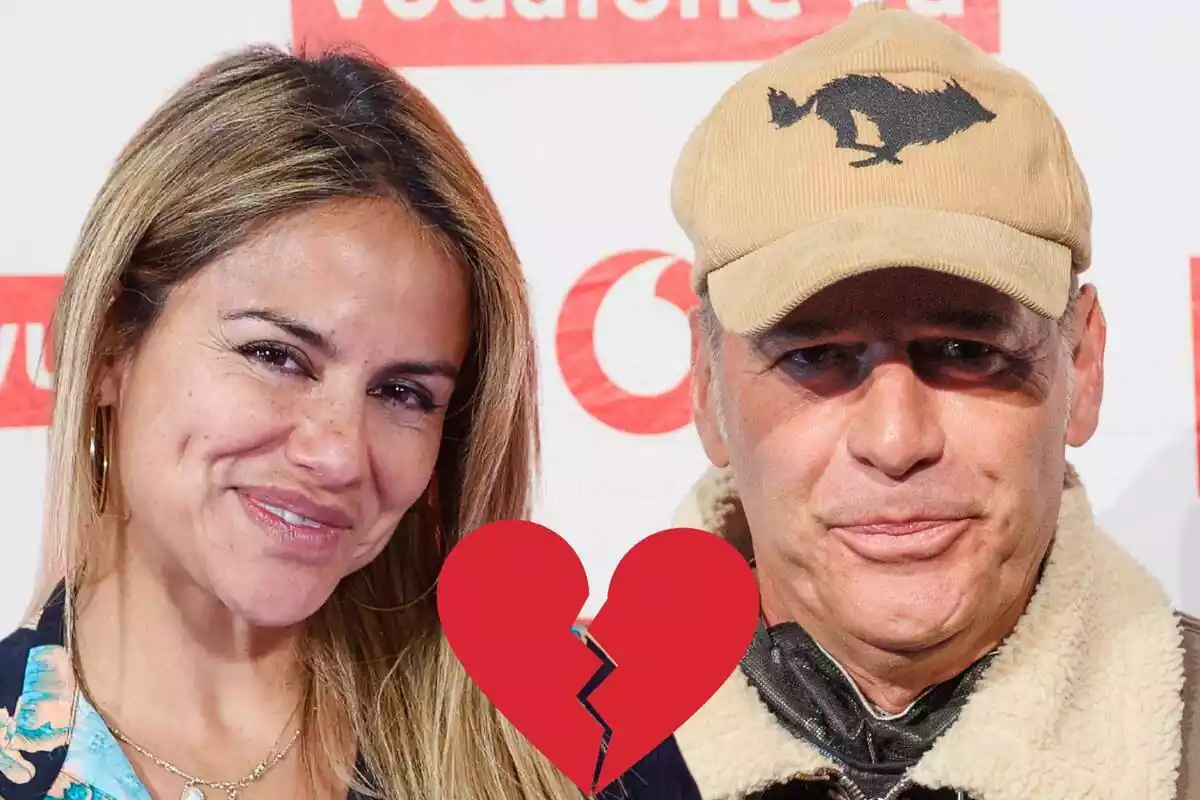 Muntatge de Mónica Hoyos somrient, Carlos Lozano seriós amb una gorra marró i un cor trencat