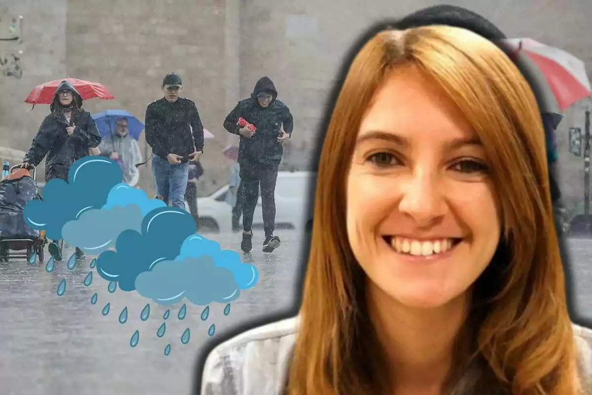 Una dona somrient apareix en primer pla mentre al fons s'observa diverses persones caminant sota la pluja amb paraigües i un gràfic de núvols i gotes de pluja superposat.
