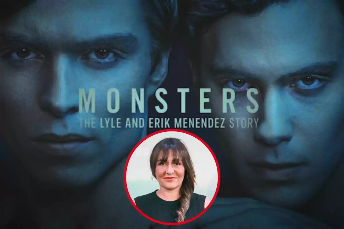 Imatge promocional de la sèrie "Monsters: The Lyle and Erik Menendez Story" amb un retrat d'Candela Peña en un cercle vermell superposat.