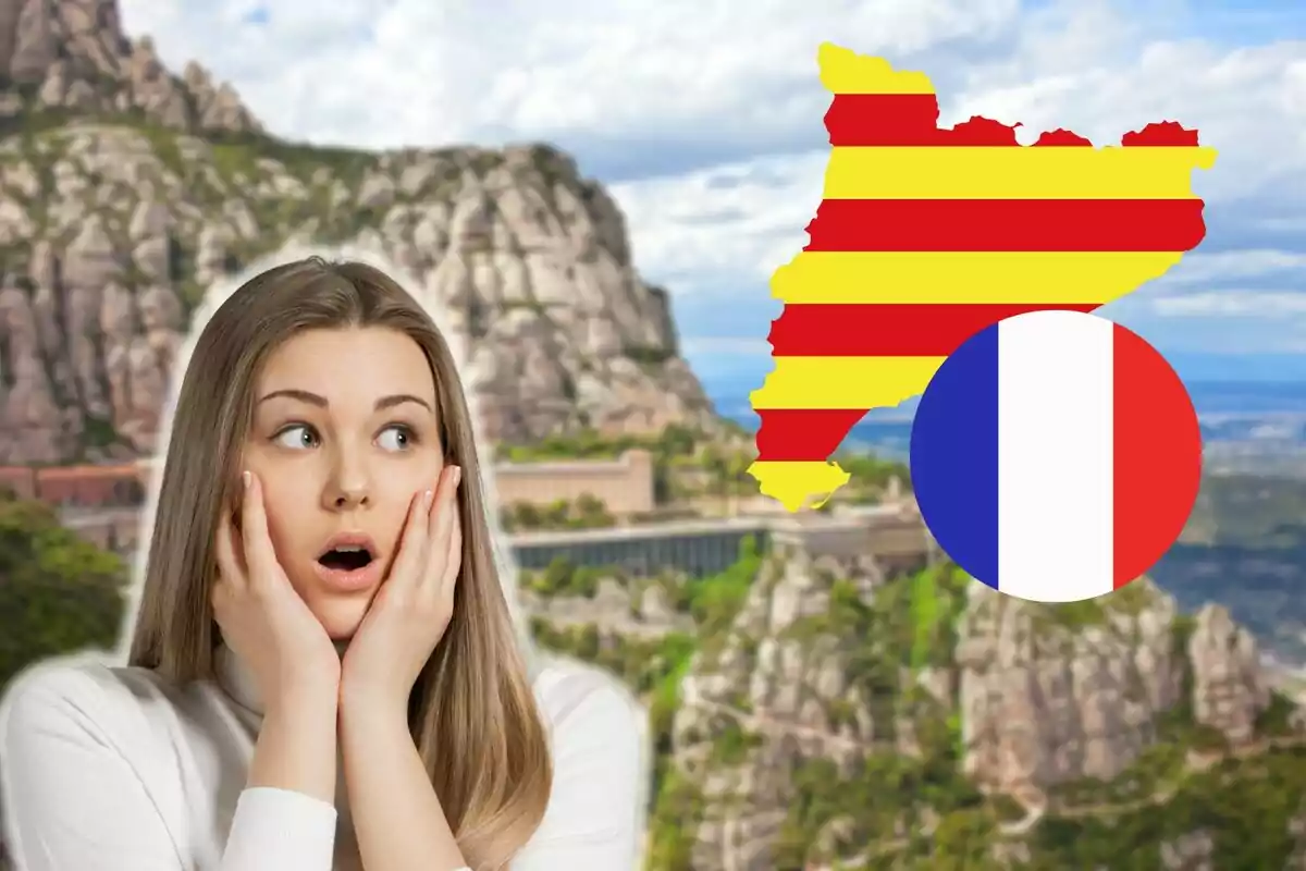 Una dona amb expressió de sorpresa davant d'un paisatge muntanyós, amb un mapa de Catalunya i una bandera de França superposats.