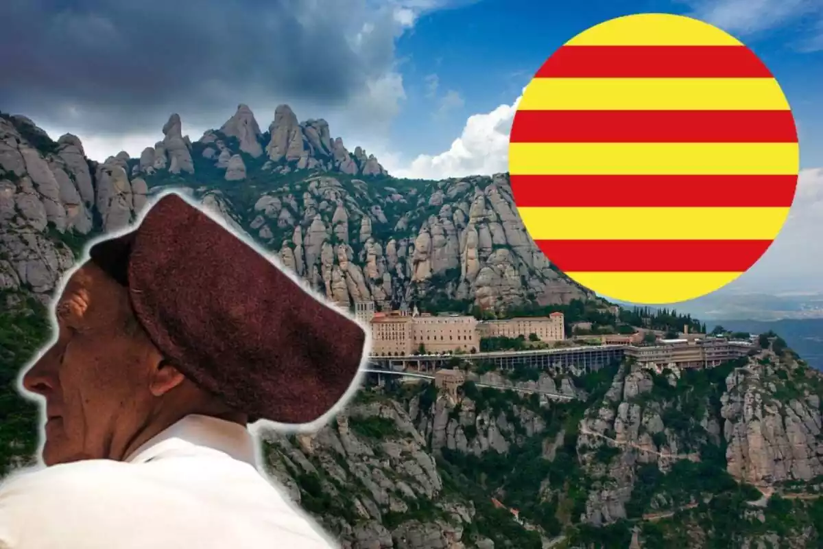 Muntatge amb la muntanya de Montserrat, un home gran amb barretina i la bandera de Catalunya