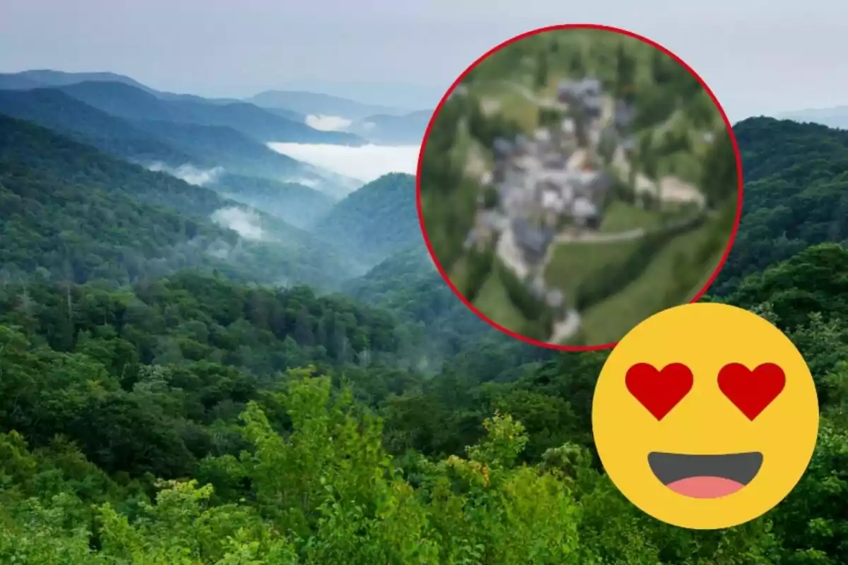 Muntatge amb unes muntanyes verdes, el poble de Bagergue desenfocat i un emoji enamorat