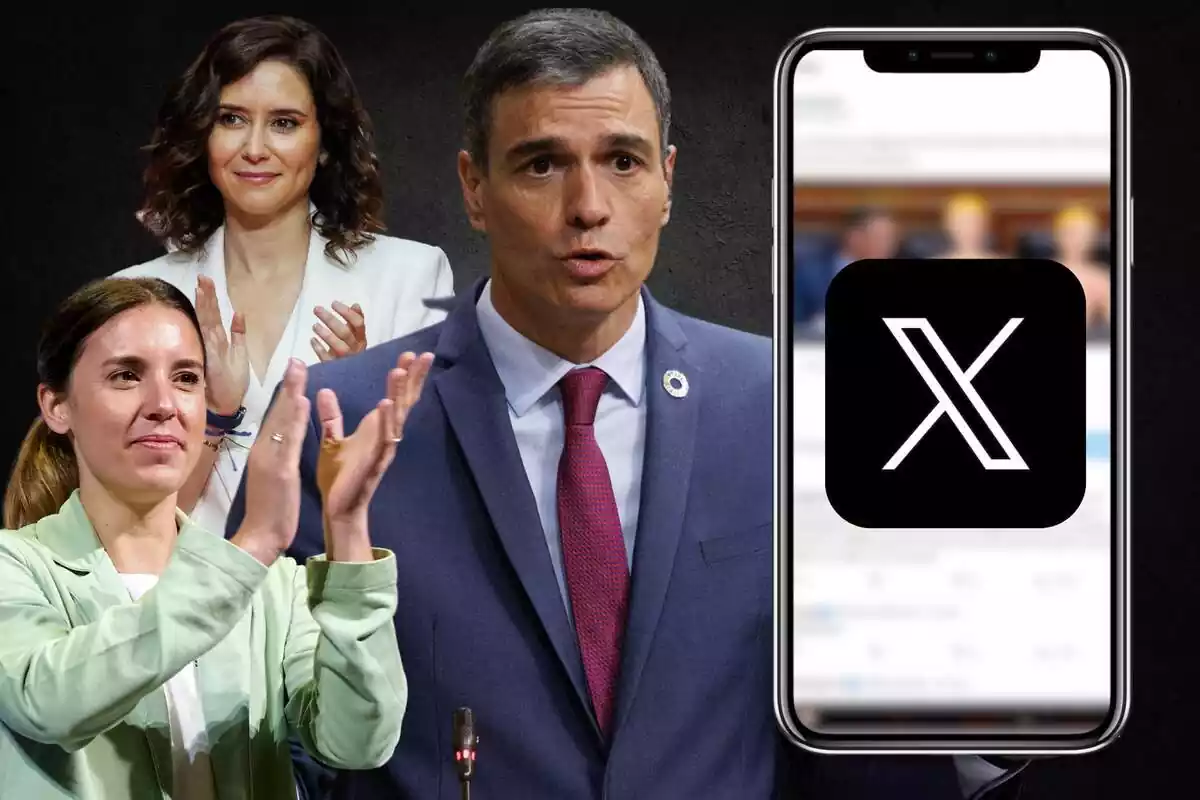 Muntatge de Pedro Sánchez, Ayuso i Irene Montero amb un telèfon mòbil i el logo de X