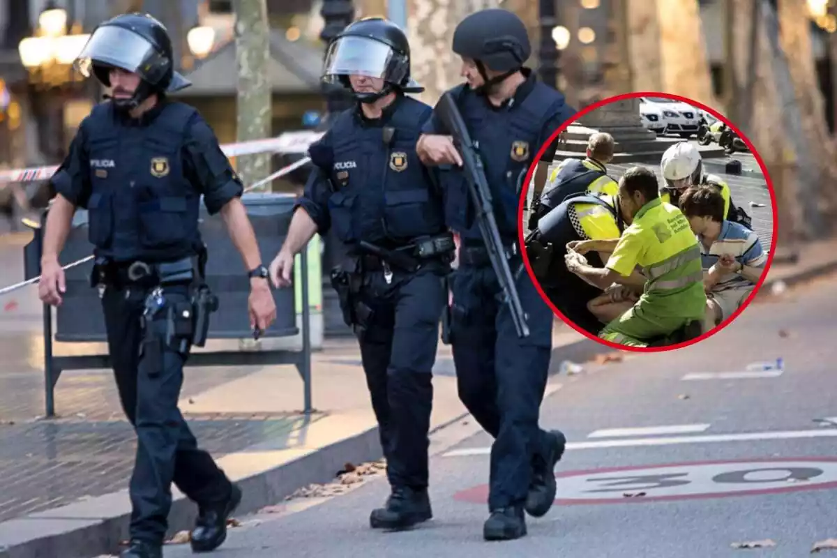 Fotomuntatge entre una imatge dels Mossos d'Esquadra i una dels atemptats de Barcelona