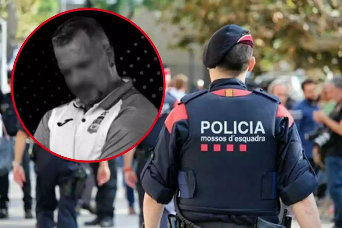 Un agent dels Mossos d?Esquadra d?esquena i un retrat borrós d?un home en un cercle vermell.