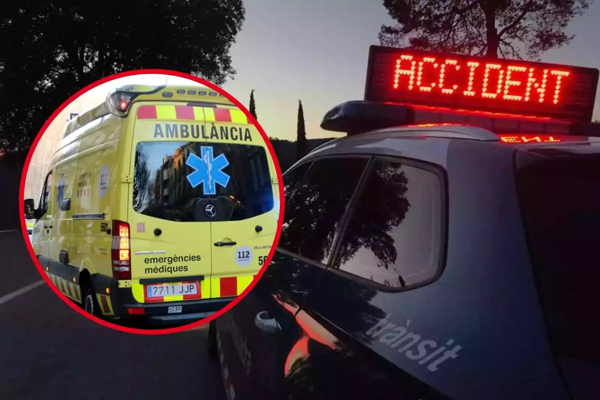 Muntatge amb un cotxe dels Mossos d'Esquadra indicant un accident i un cercle amb una ambulància del Sistema d'Emergències Mèdiques