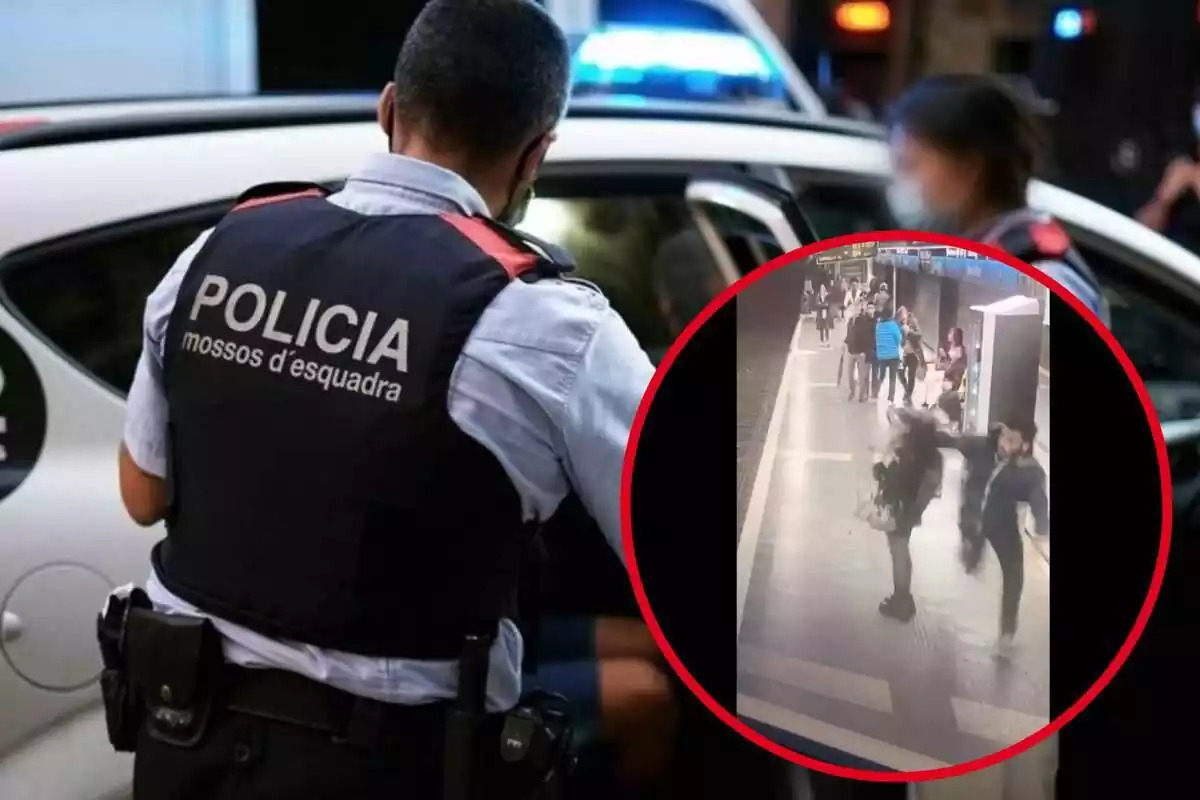 Muntatge amb una parella de Mossos d'Esquadra amb un cotxe patrulla i captura del vídeo d'una agressió al metro de Barcelona