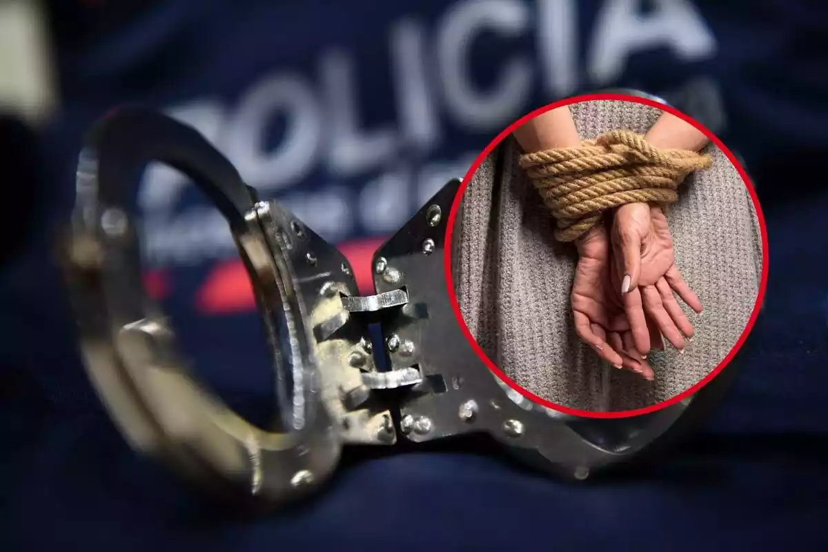Muntatge amb uns grillons dels Mossos d'Esquadra i les mans lligades d'una dona amb una corda