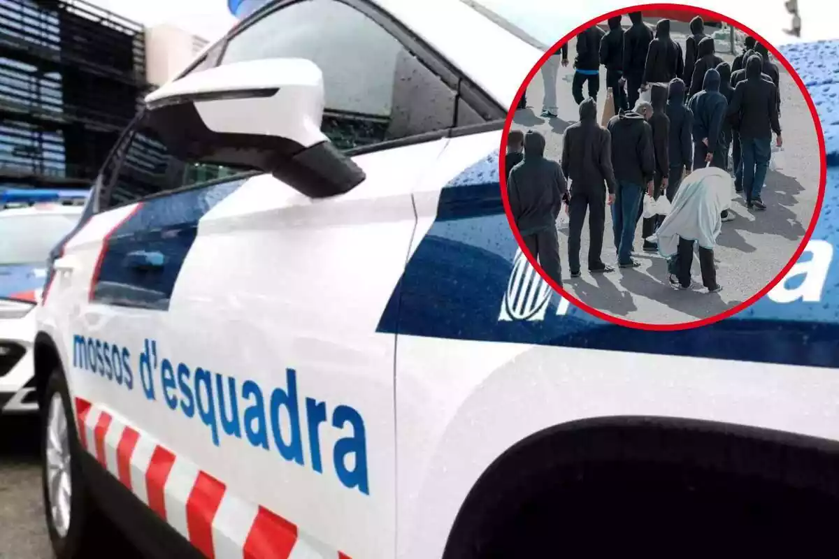 Muntatge amb cotxe patrulla de Mossos d'Esquadra i cercle amb fila de persones immigrants