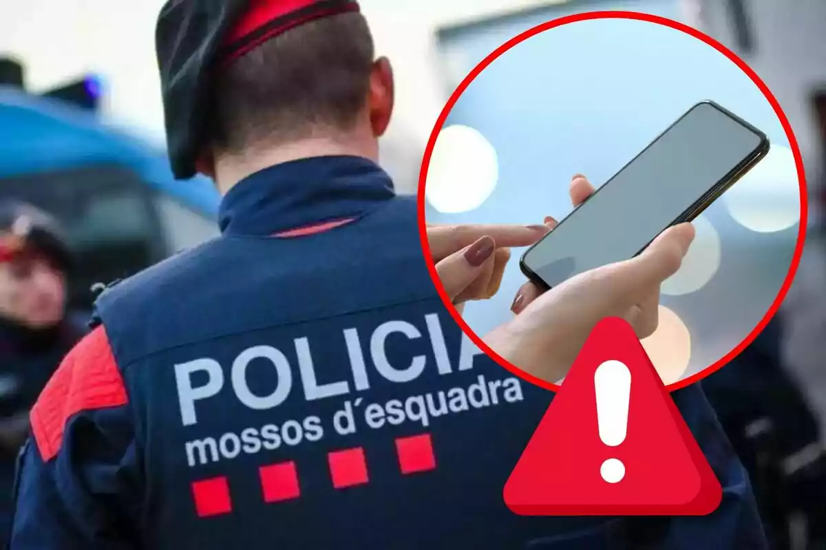 Un agent de policia d'esquena amb un uniforme que diu mossos d'esquadra i un cercle vermell que mostra un telèfon mòbil amb una icona d'advertència.