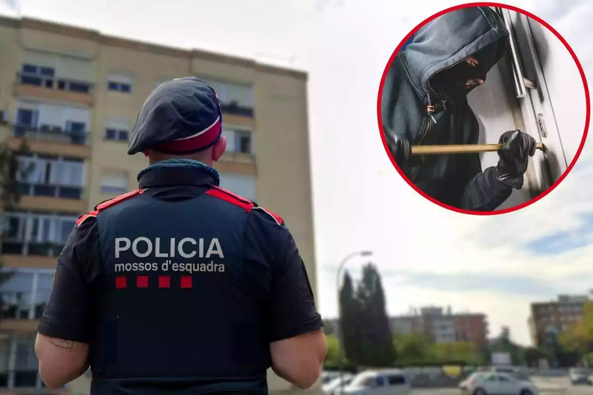 Muntatge d'agent de Mossos d'Esquadra al carrer Mas Servil de Tarragona i cercle amb persona intentant entrar a un habitatge per força