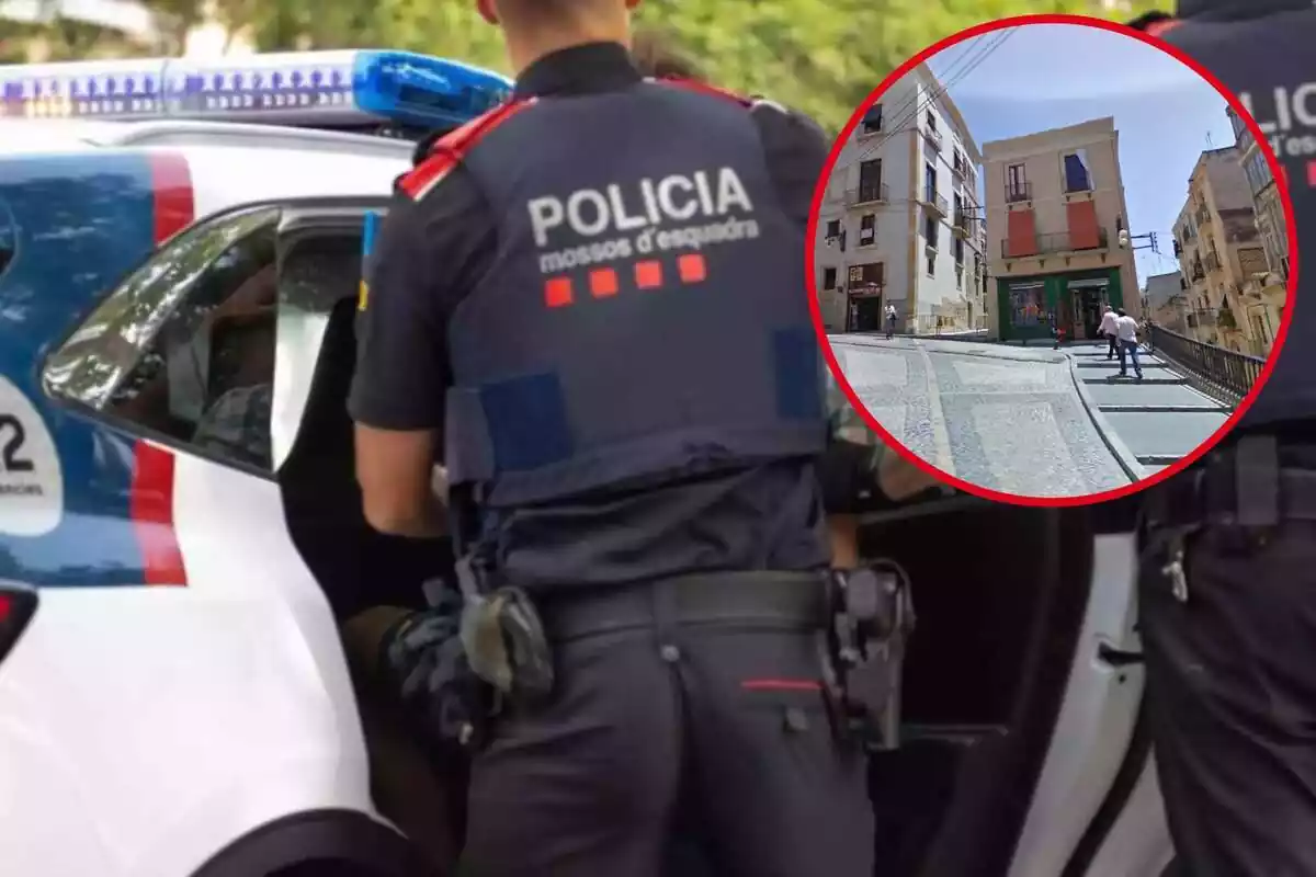 Muntatge de Mossos d'Esquadra pujant a un detingut al cotxe patrulla i cercle amb la Part Alta de Tarragona