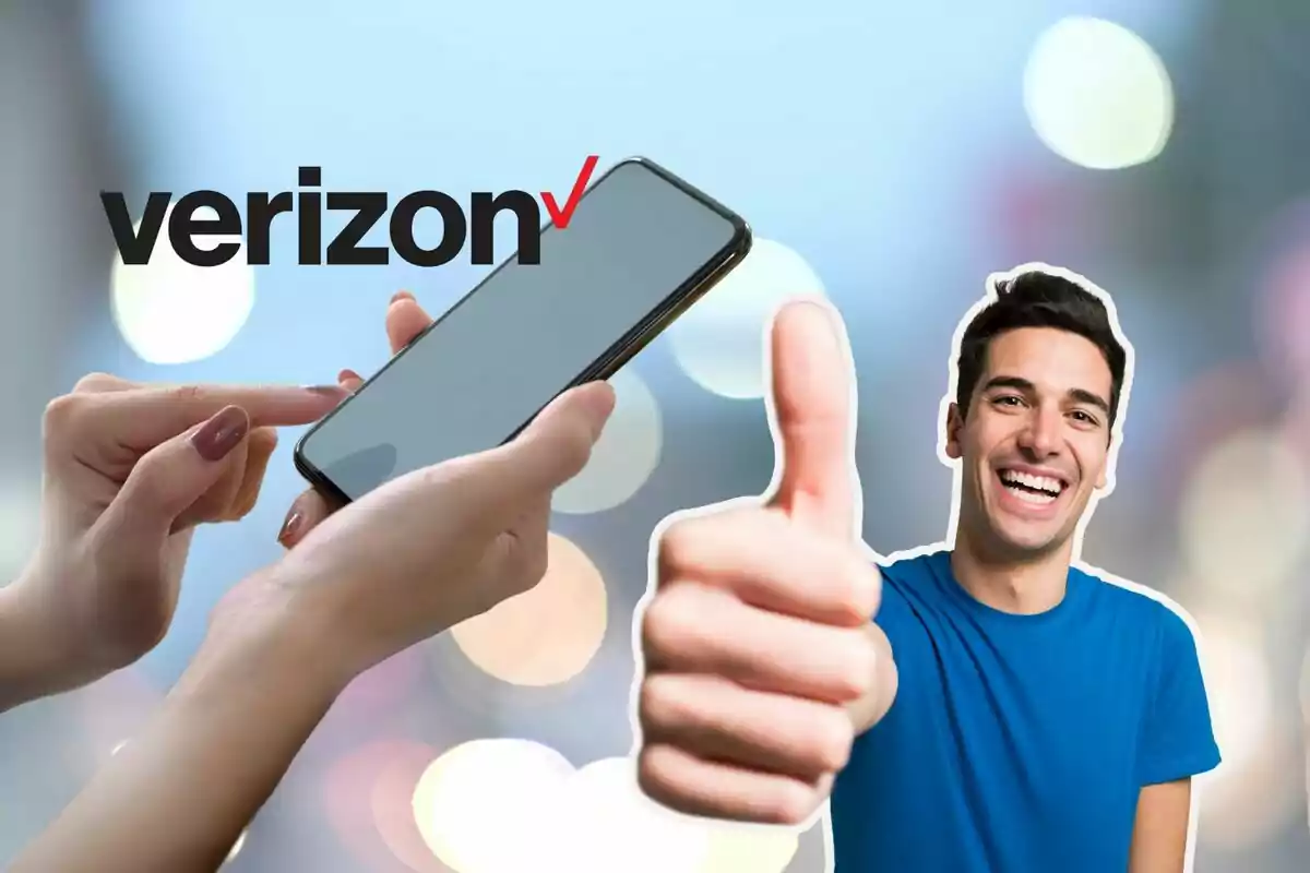 A smiling person with a thumbs up next to a mobile phone and the Verizon logo.