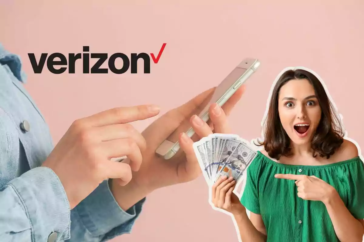 Una persona sorprendida sostiene billetes mientras otra persona usa un teléfono móvil con el logo de Verizon al fondo. Una persona sorprendida sostiene billetes mientras otra persona usa un teléfono móvil con el logo de Verizon al fondo.