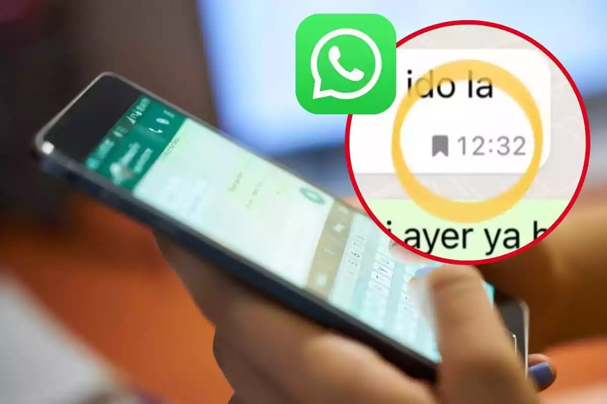 Muntatge amb una persona usant un mòbil, un cercle assenyalant el nou símbol de WhatsApp i el logotip de la mateixa aplicació