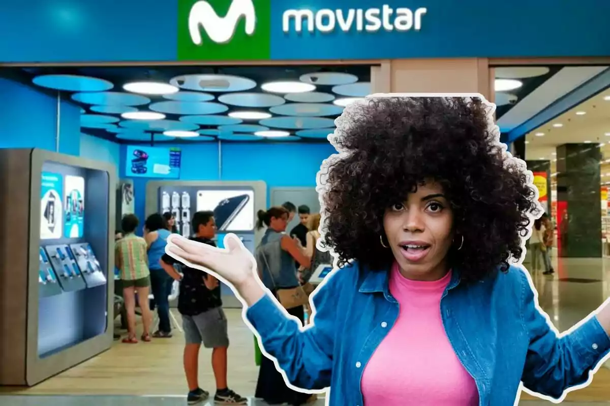 Una mujer con cabello rizado y expresión de sorpresa está frente a una tienda de Movistar, donde varias personas están comprando dispositivos electrónicos.