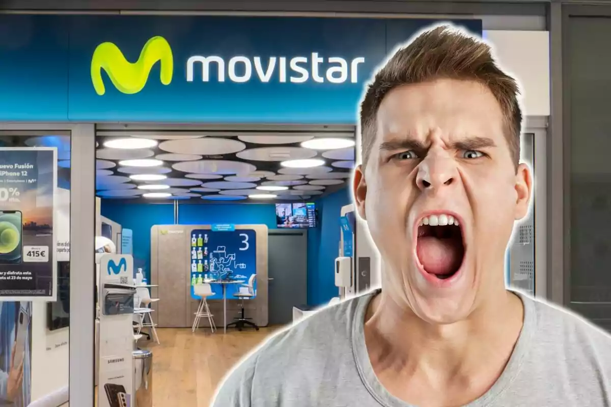 Muntatge d´una botiga Movistar i un home endat