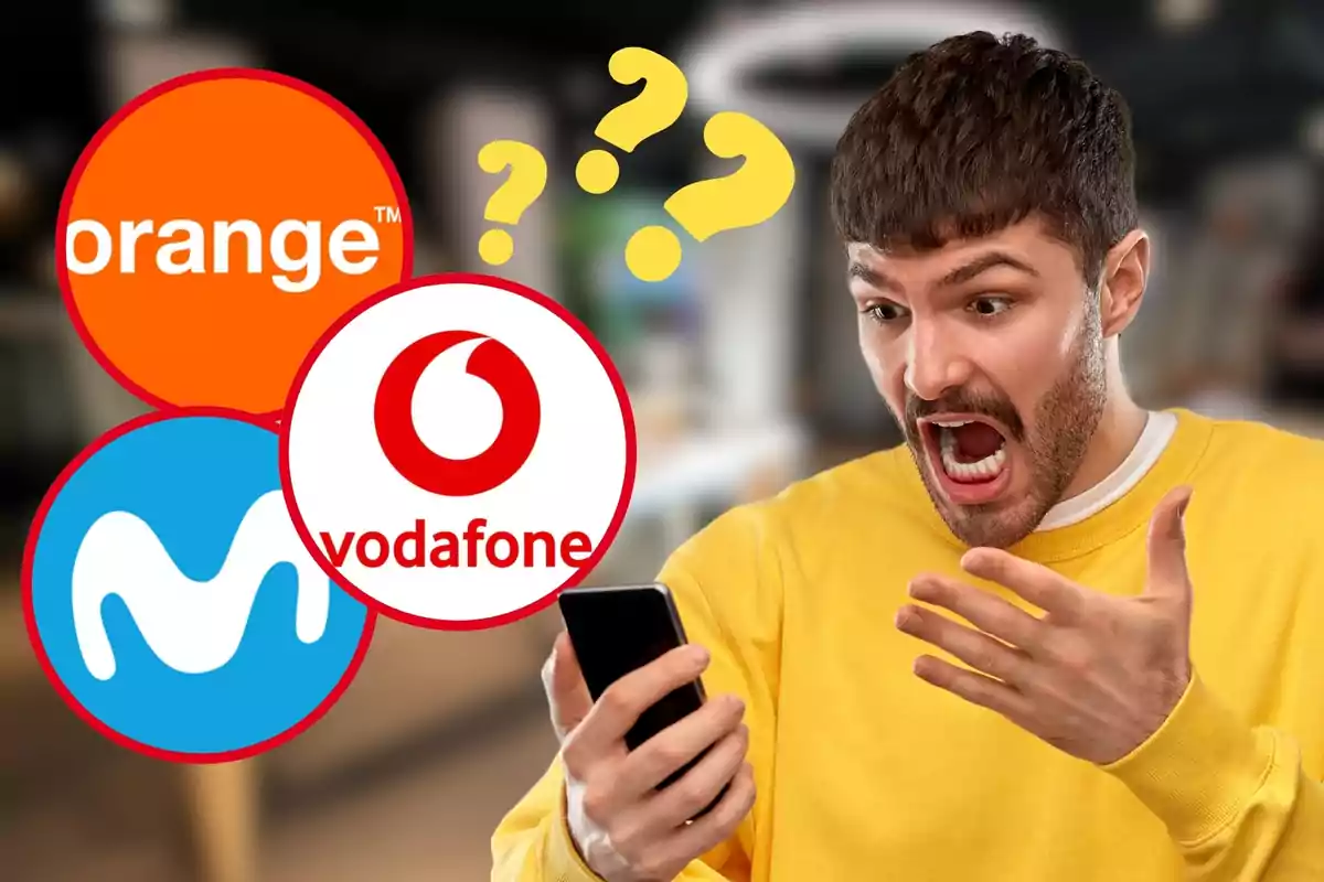 Un home amb expressió de sorpresa o confusió mira el telèfon mòbil mentre els logotips d'Orange, Vodafone i Movistar suren al seu voltant amb signes d'interrogació grocs.