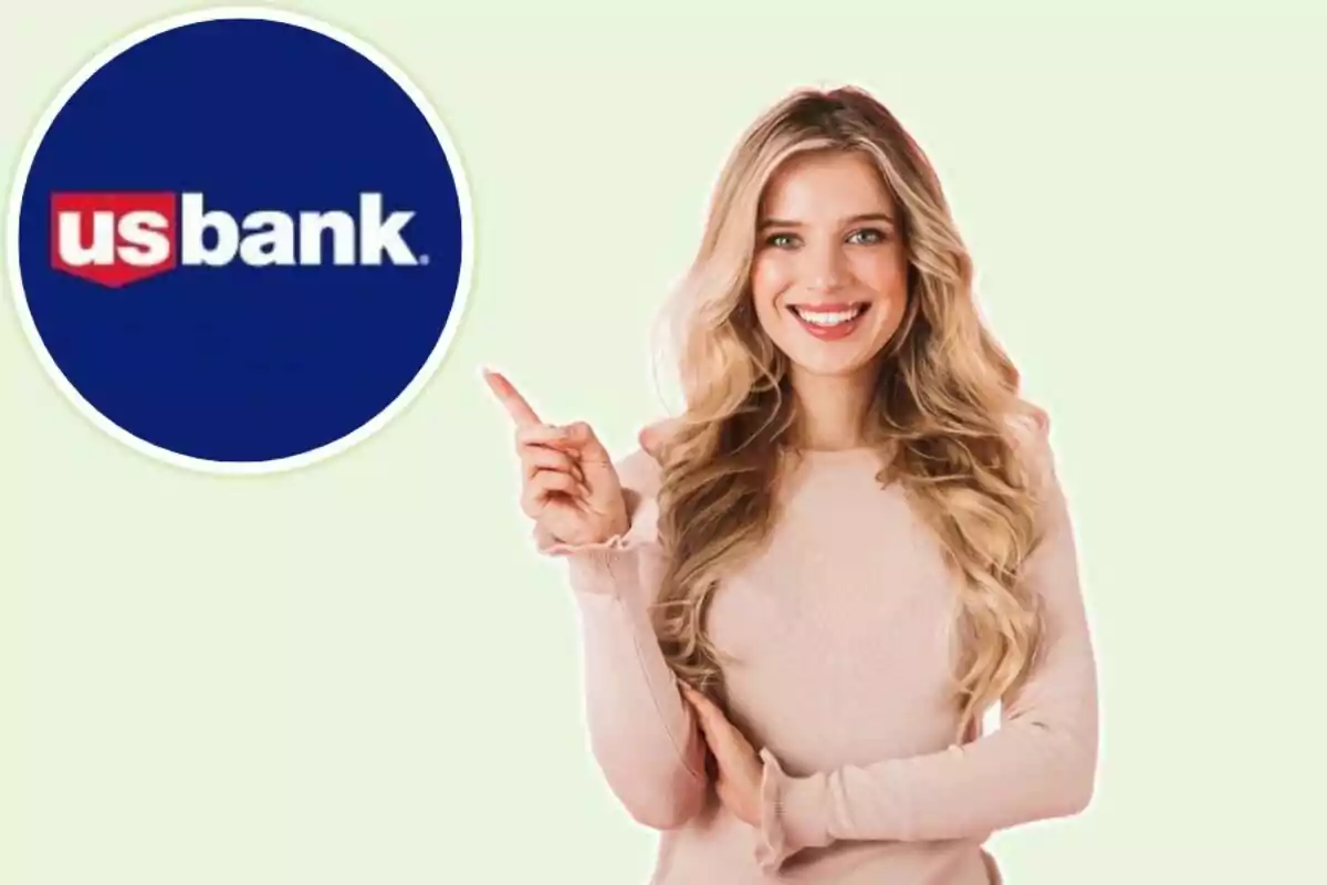 A smiling woman points to a bank logo on a light green background.