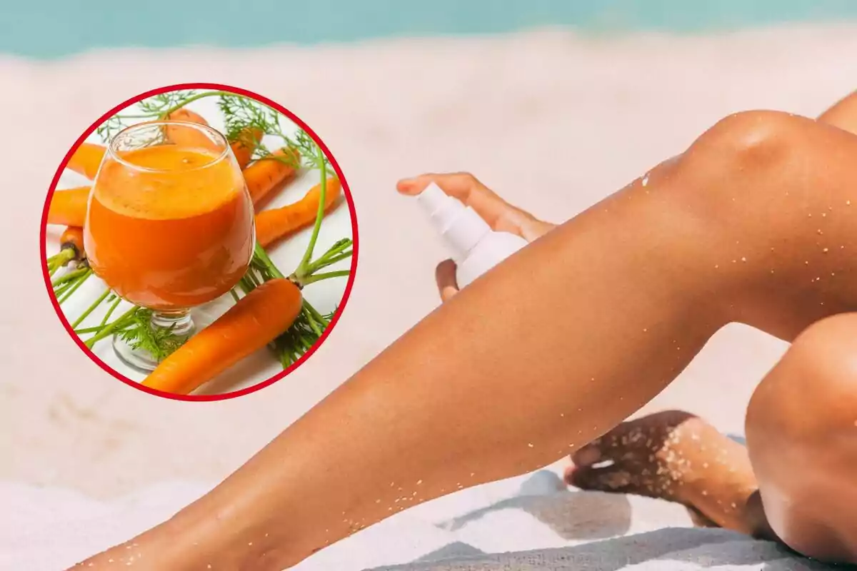 Muntatge amb una dona al sol bronzejant-se i una beguda de pastanagues en un got