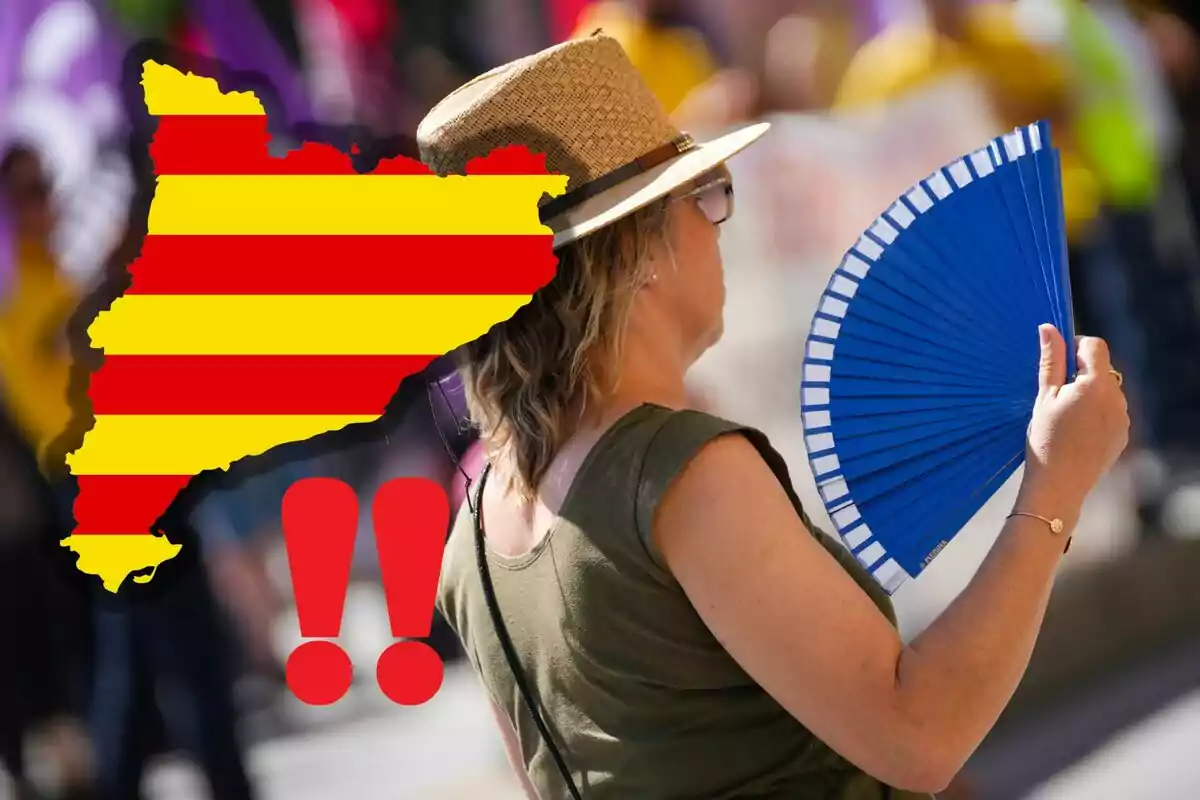Dona amb barret i ventall blau a la mà al costat d’un mapa de Catalunya amb franges vermelles i grogues i dos signes d’exclamació vermells