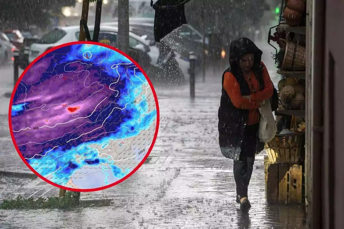 Muntatge amb una dona caminant pel carrer en ple temporal de pluja i un cercle amb el radar de precipitacions