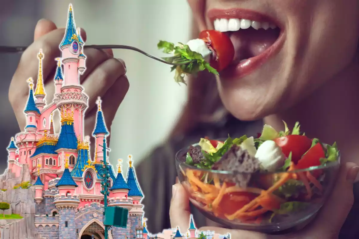 Muntatge amb una dona menjant una amanida i el castell rosa i blau de Disney