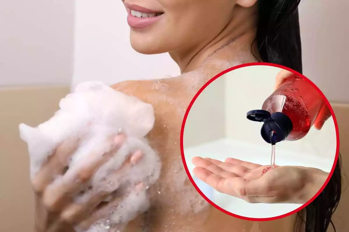 Muntatge amb una dona rentant-se el cos amb una esponja amb escuma i un cercle amb una mà amb gel de dutxa