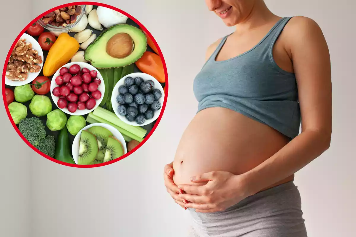 Dona embarassada amb muntatge d'un cercle amb aliments