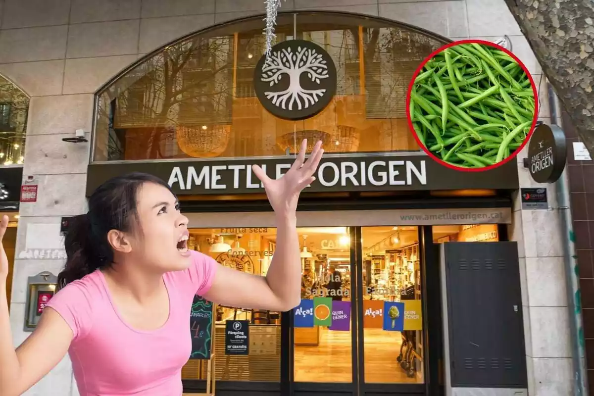 Muntatge d'una dona enfadada amb la botiga "Ametller Origen" de fons i una foto de mongetes verdes
