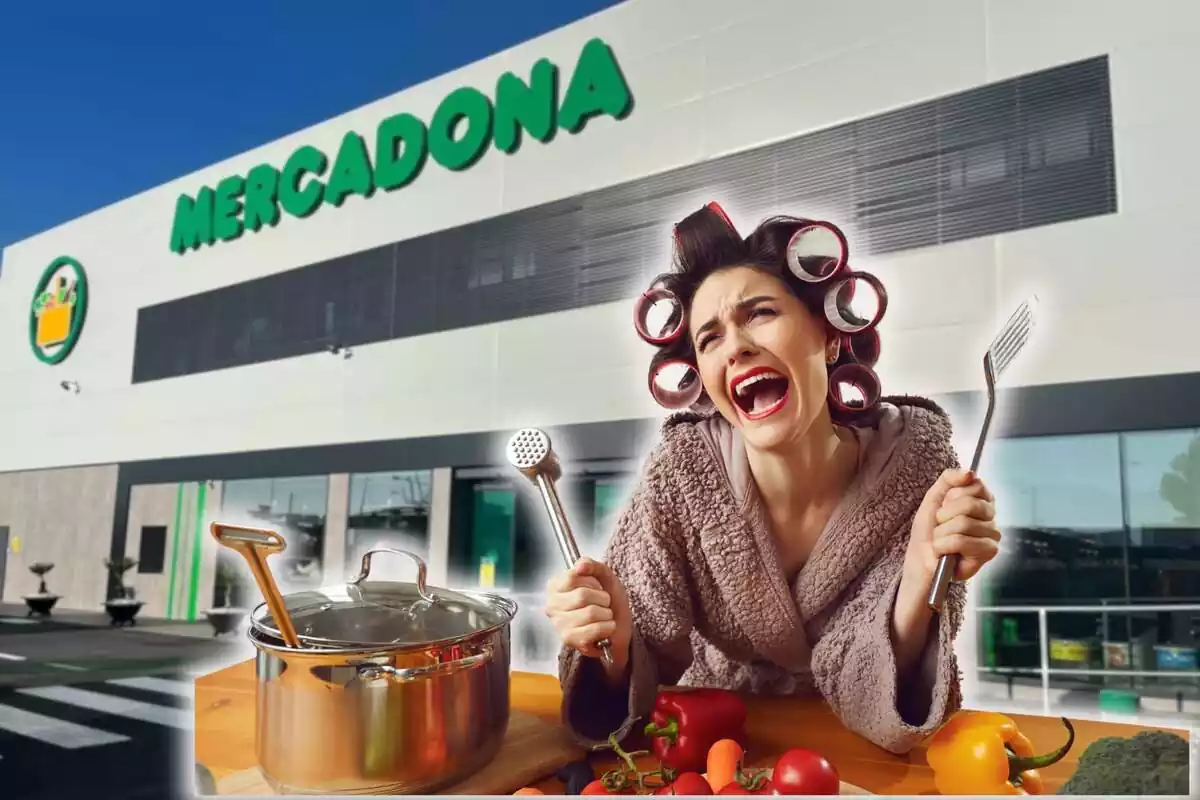 Montaje mujer gritando en la cocina sobre fondo de Mercadona