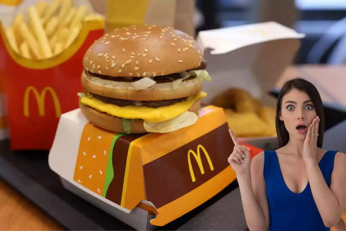 A McDonald's burger with fries in the background and a surprised woman pointing at the food. A McDonald's burger with fries in the background and a surprised woman pointing at the food.