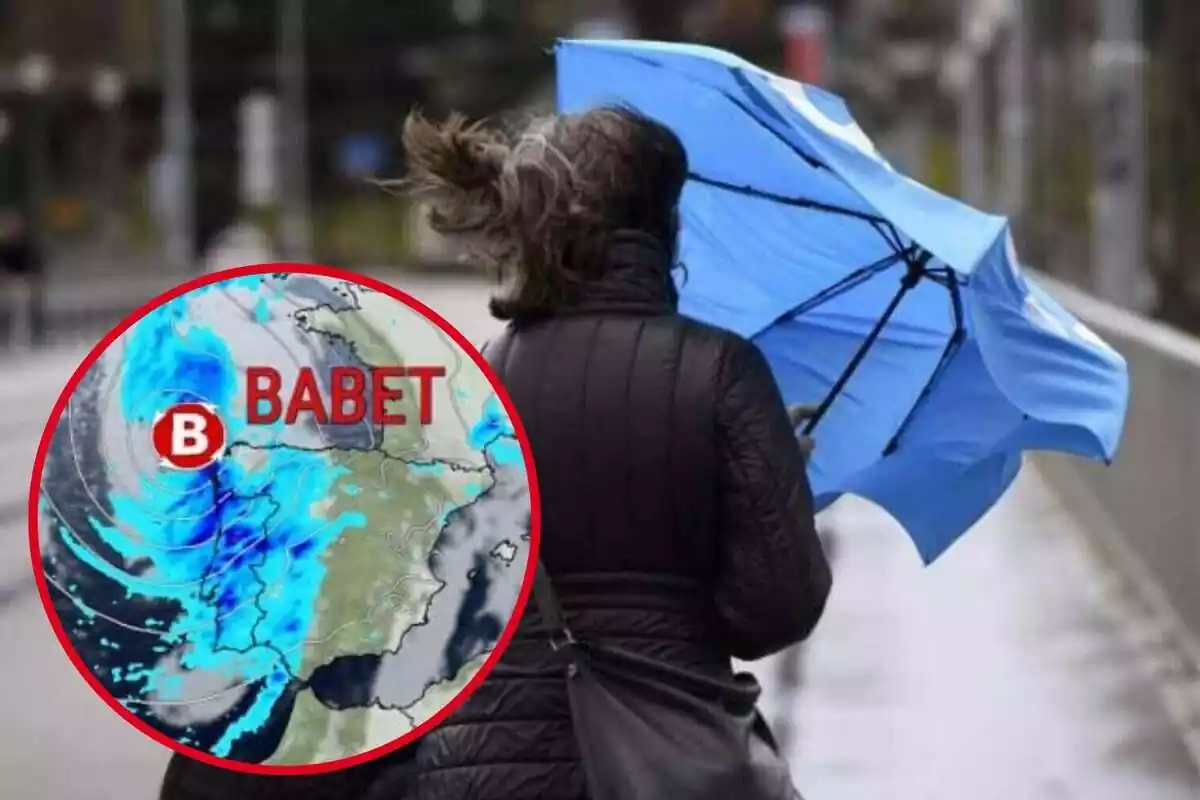 Muntatge amb una dona pel carrer amb un paraigua en ple temporal de pluja i vent i un cercle amb el mapa radar de la borrasca Babet