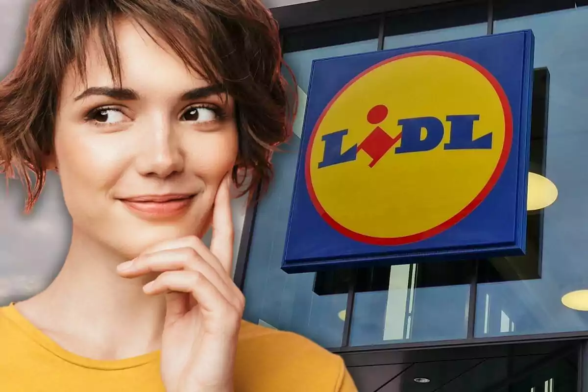 A smiling woman with the Lidl logo in the background.