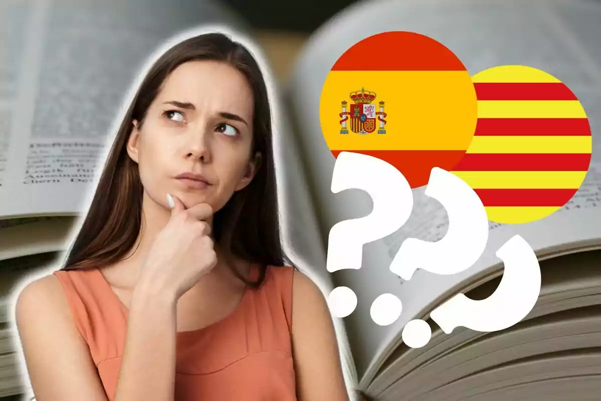 Muntatge d´una dona pensant, amb la bandera d´Espanya i Catalunya al costat i uns interrogants