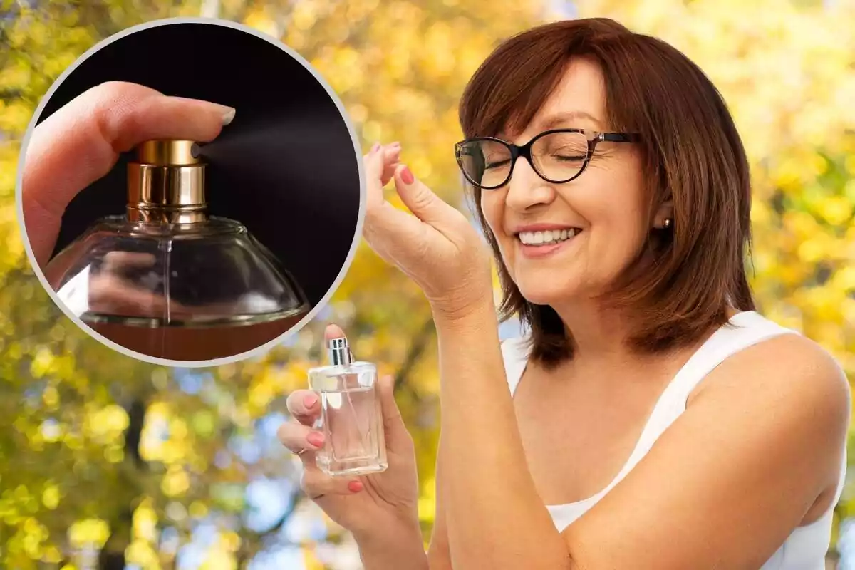 Muntatge amb una dona olorant una fragància i un cercle amb un dit pressionant un pot de perfum