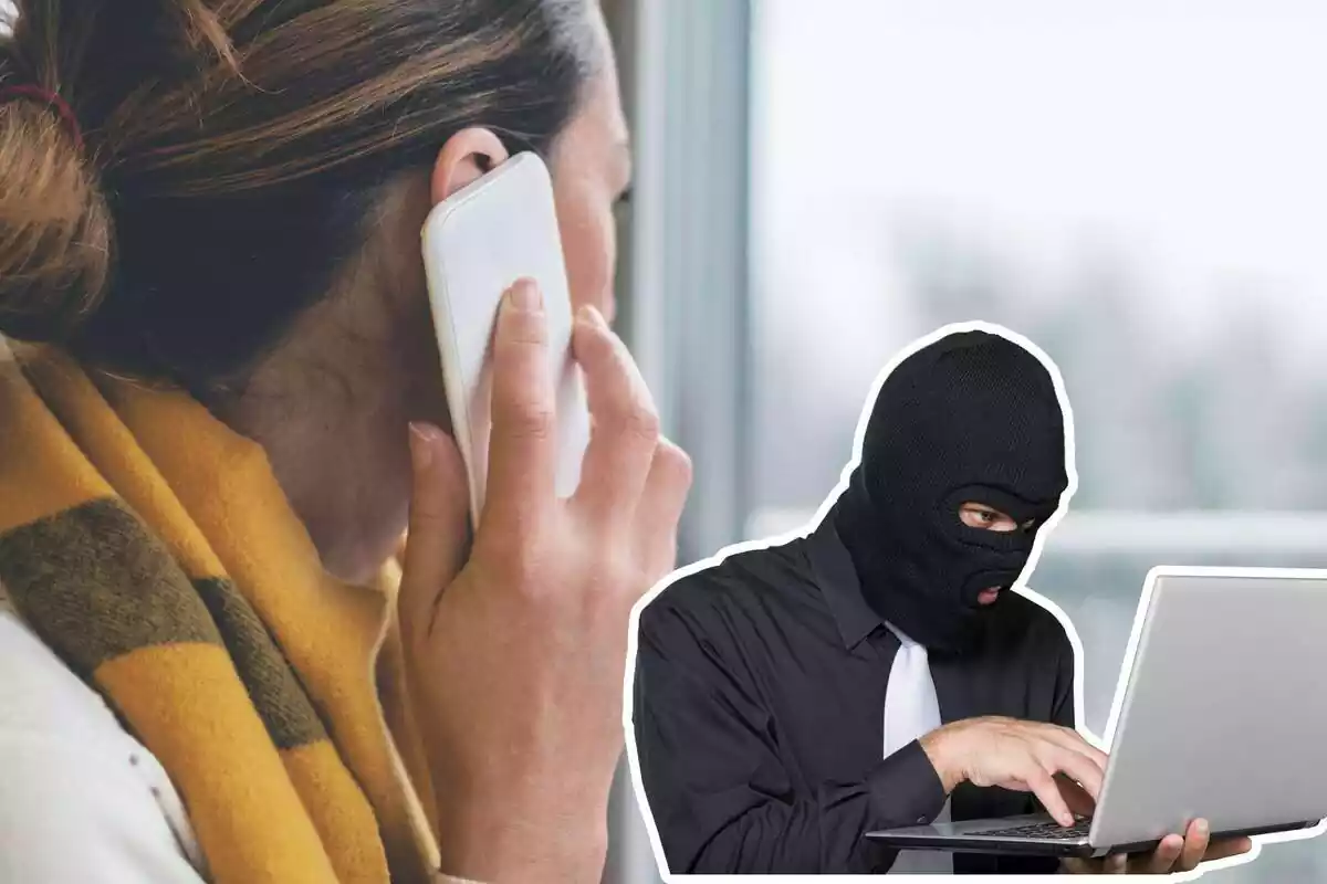 Muntatge d´una dona en trucada i un lladre amb un ordinador