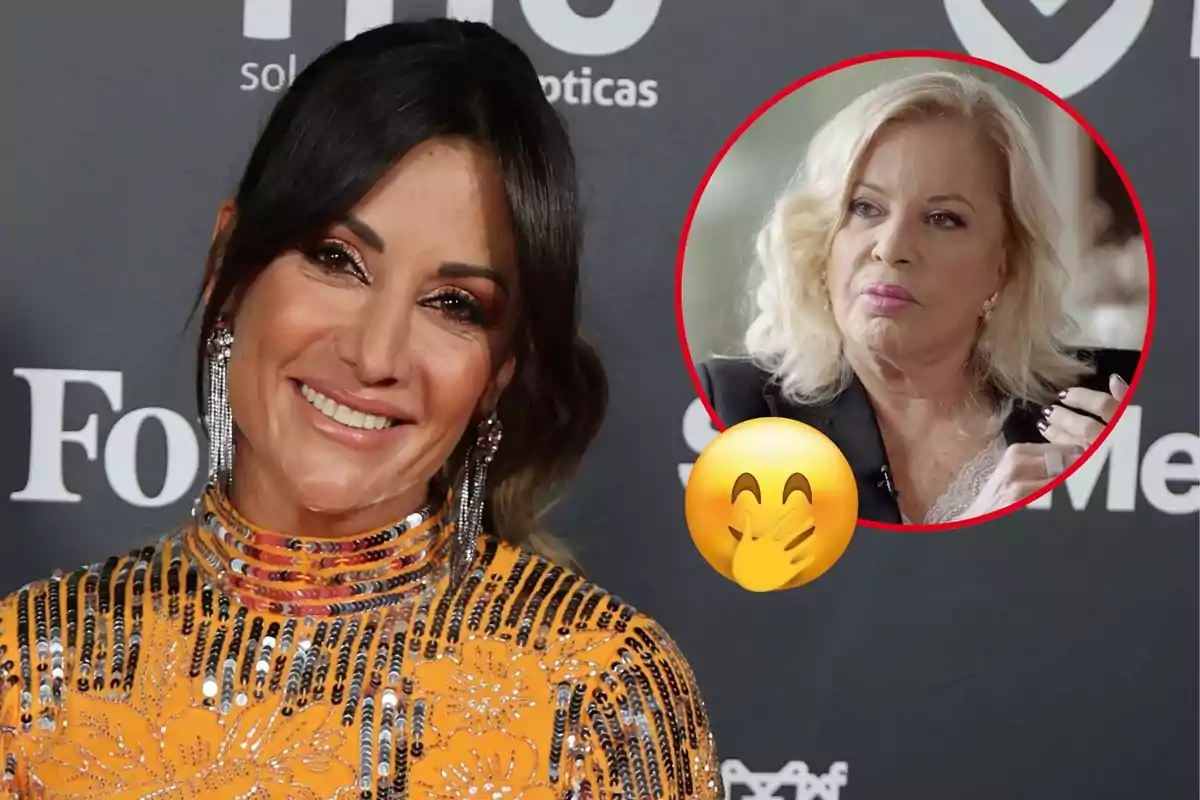 Nagore Robles amb un vestit brillant i pendents llargs, amb un requadre a la cantonada superior dreta que mostra Bárbara Rey i un emoji de cara enrojolada amb una mà cobrint la boca.