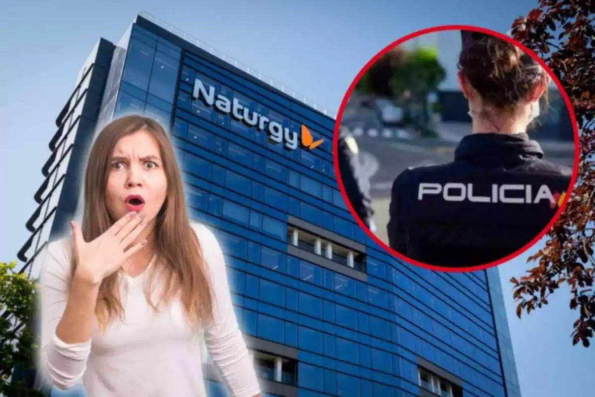La seu de Naturgy, amb una dona amb la cara de sorpresa i al cercle, una dona policia d'esquena