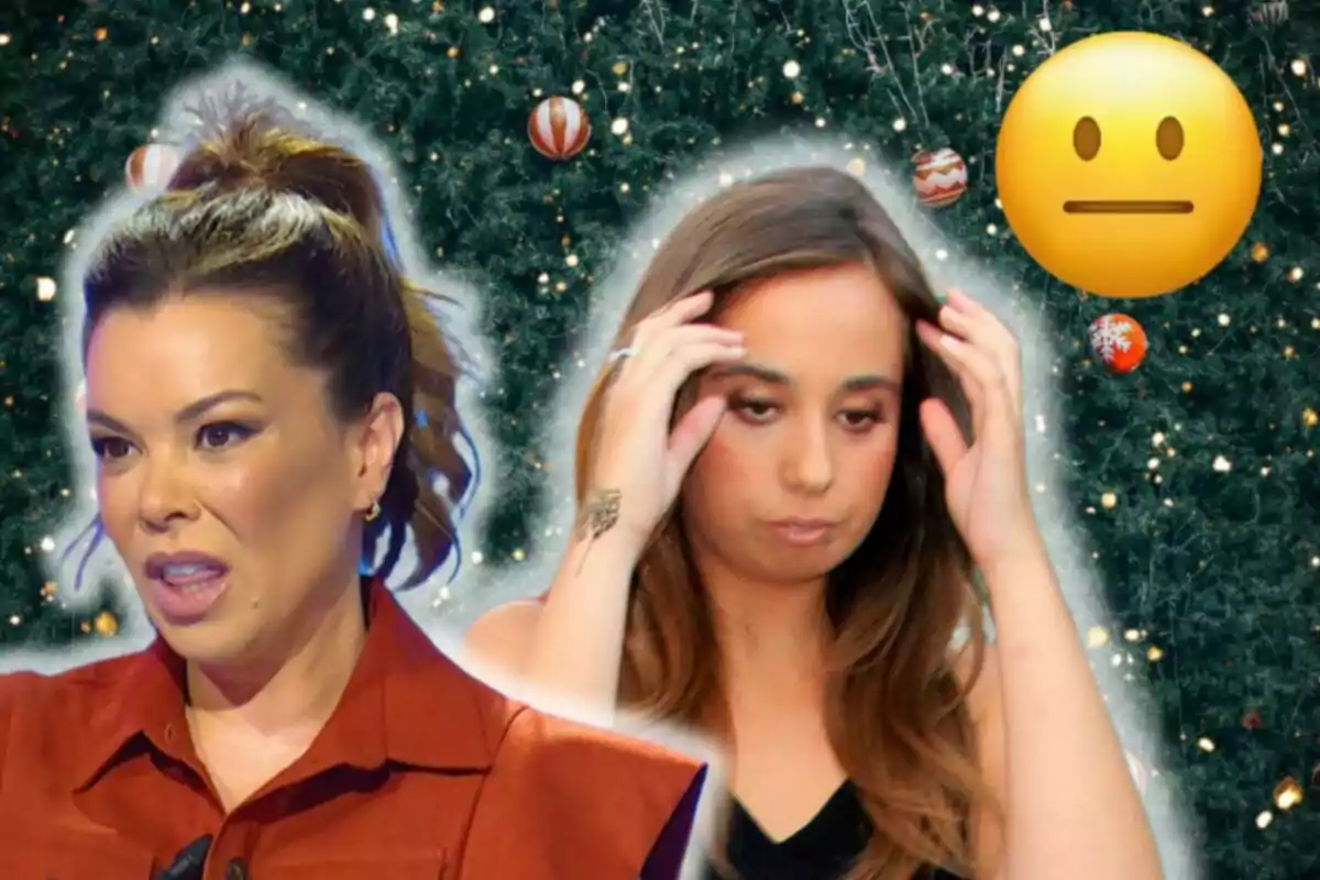 María José Campanario y Andrea Janeiro con expresiones serias frente a un fondo navideño con un emoji neutral.