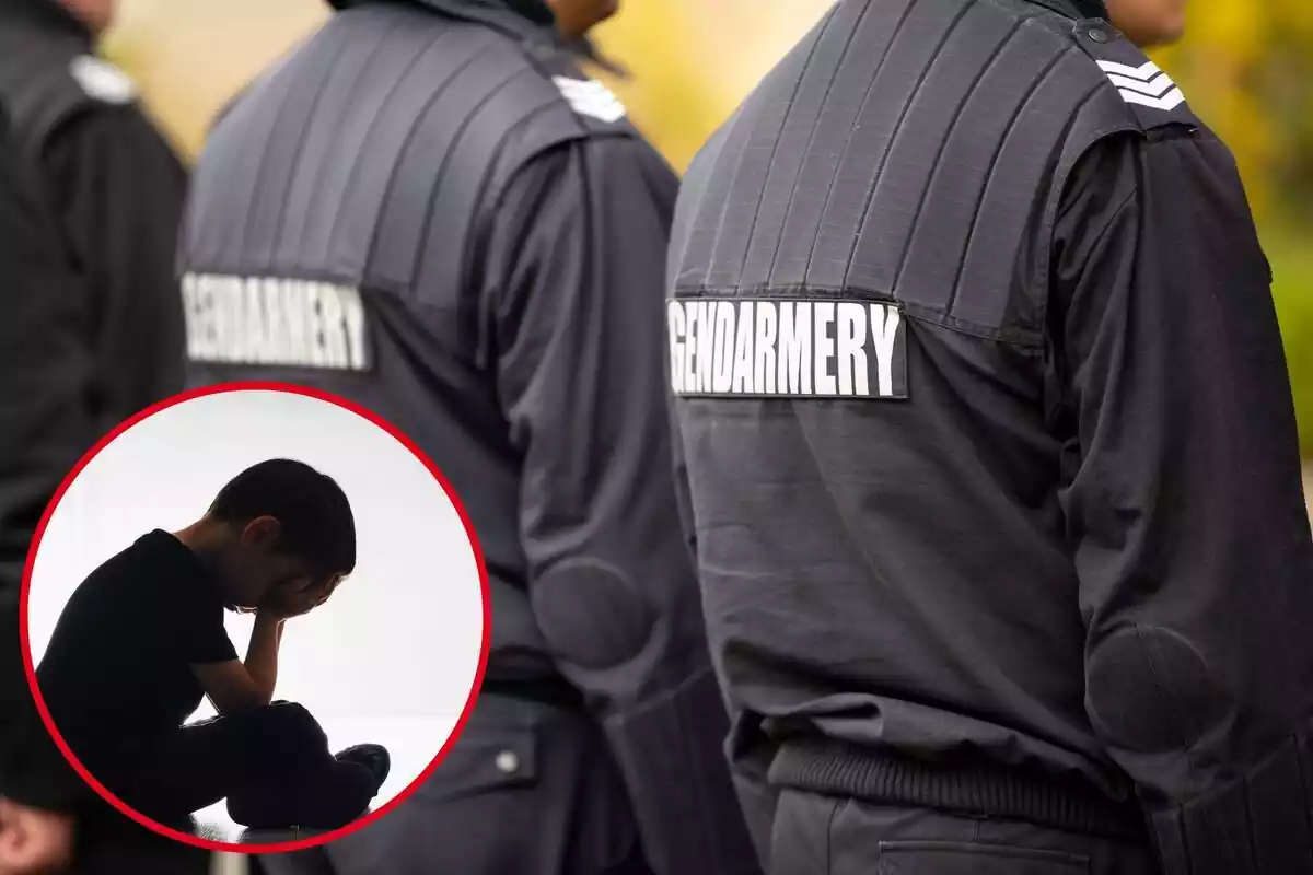 Muntatge d'agents de la Gendarmerie d'esquena i cercle amb un nen abandonat tapant-se la cara amb les mans